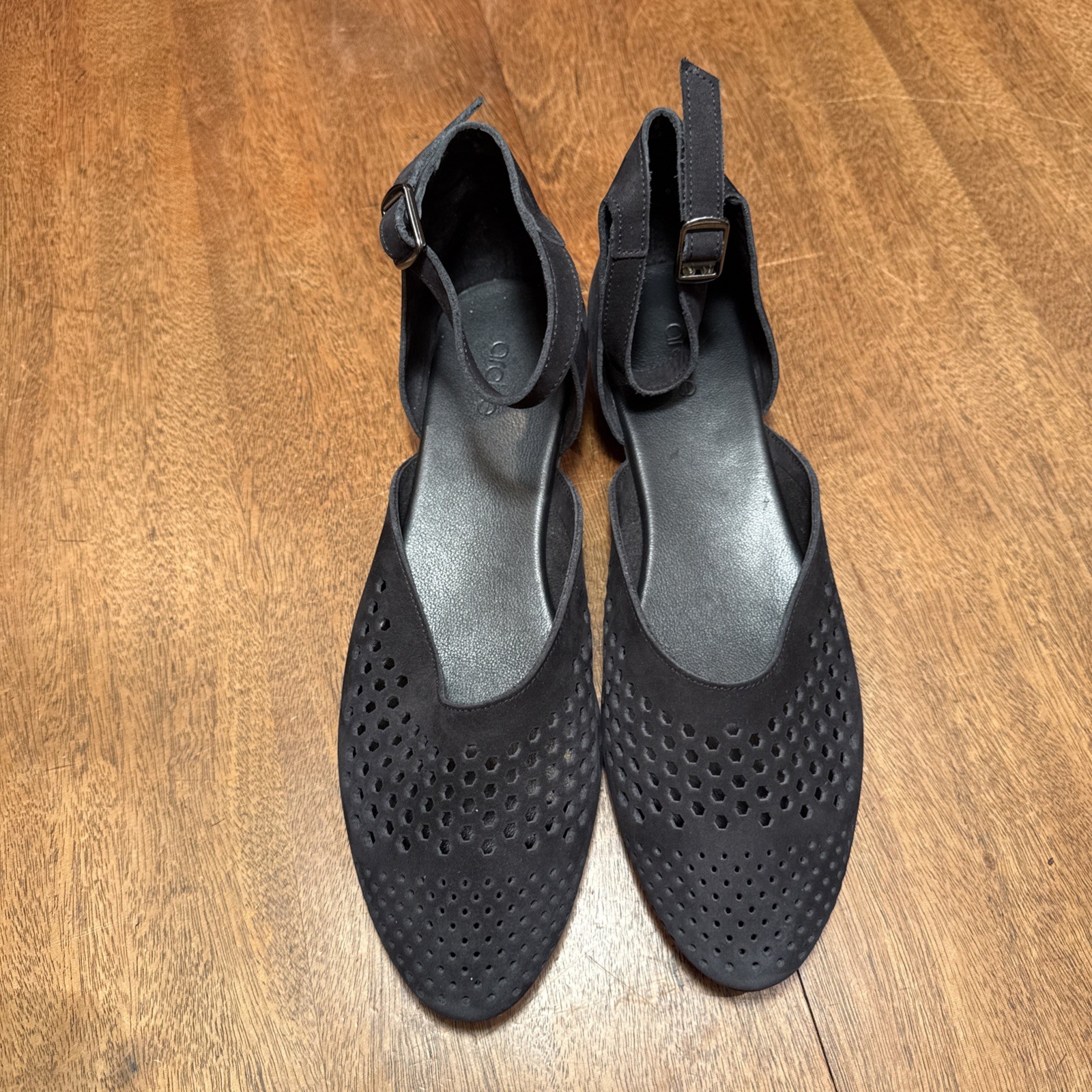 ARCHE Black Cut Out Leather Micro Suede Flats Ankle Strap France EU 42 US 10