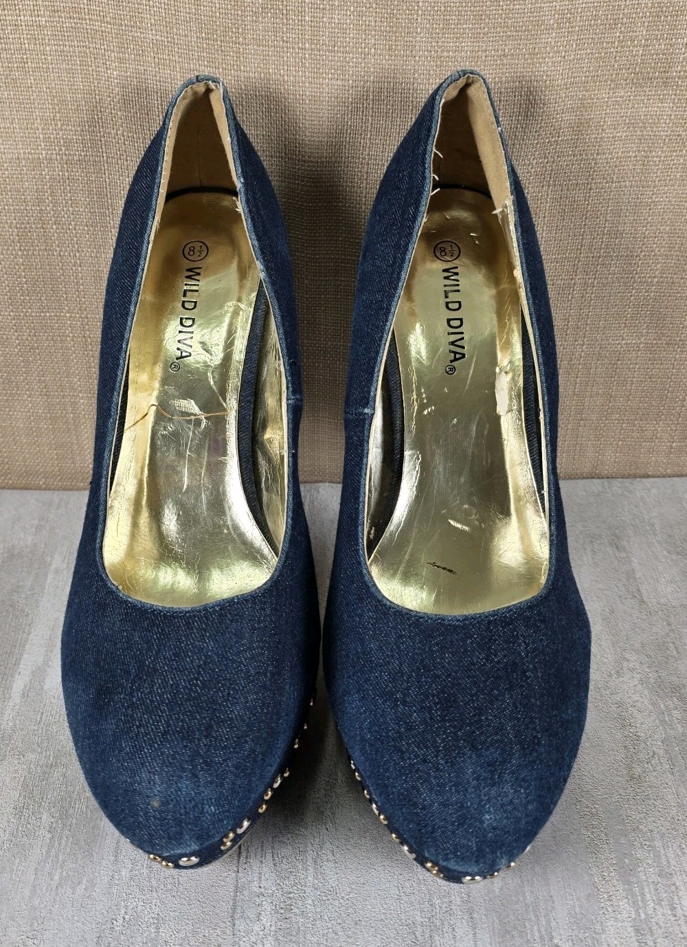 Wild Diva Blue Denim Spiked Platform Stiletto Heels Women’s Size 8.5 Boho Dancer
