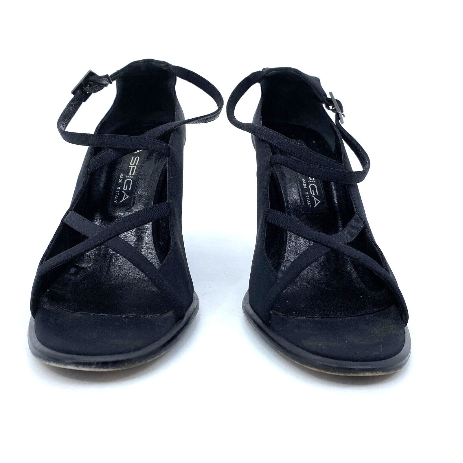 Womens 7.5 M Via Spiga Cage Black Satin Strappy Sandals 3.25″ Heel Made in Italy