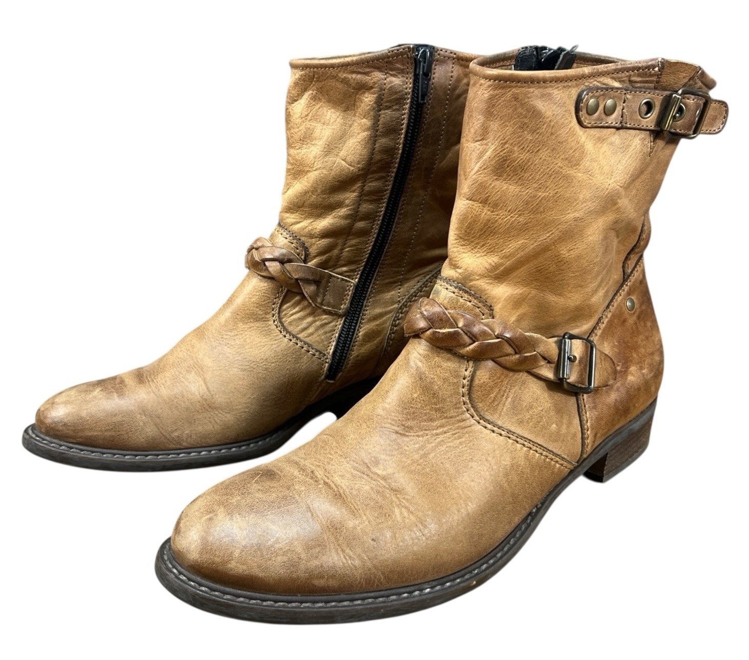 Paul Green Nathan Brown Moto Biker Braided Zip Up Boots Size 7.5 UK 5.5 Leather