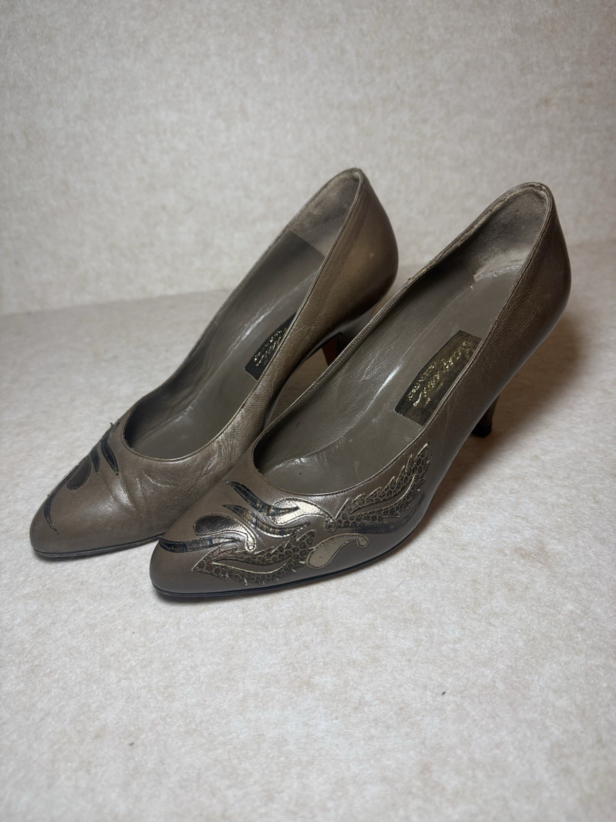 Raspini Firenze Vintage Italian Leather Brown Grey Gray Heels Size 39, US 8.5