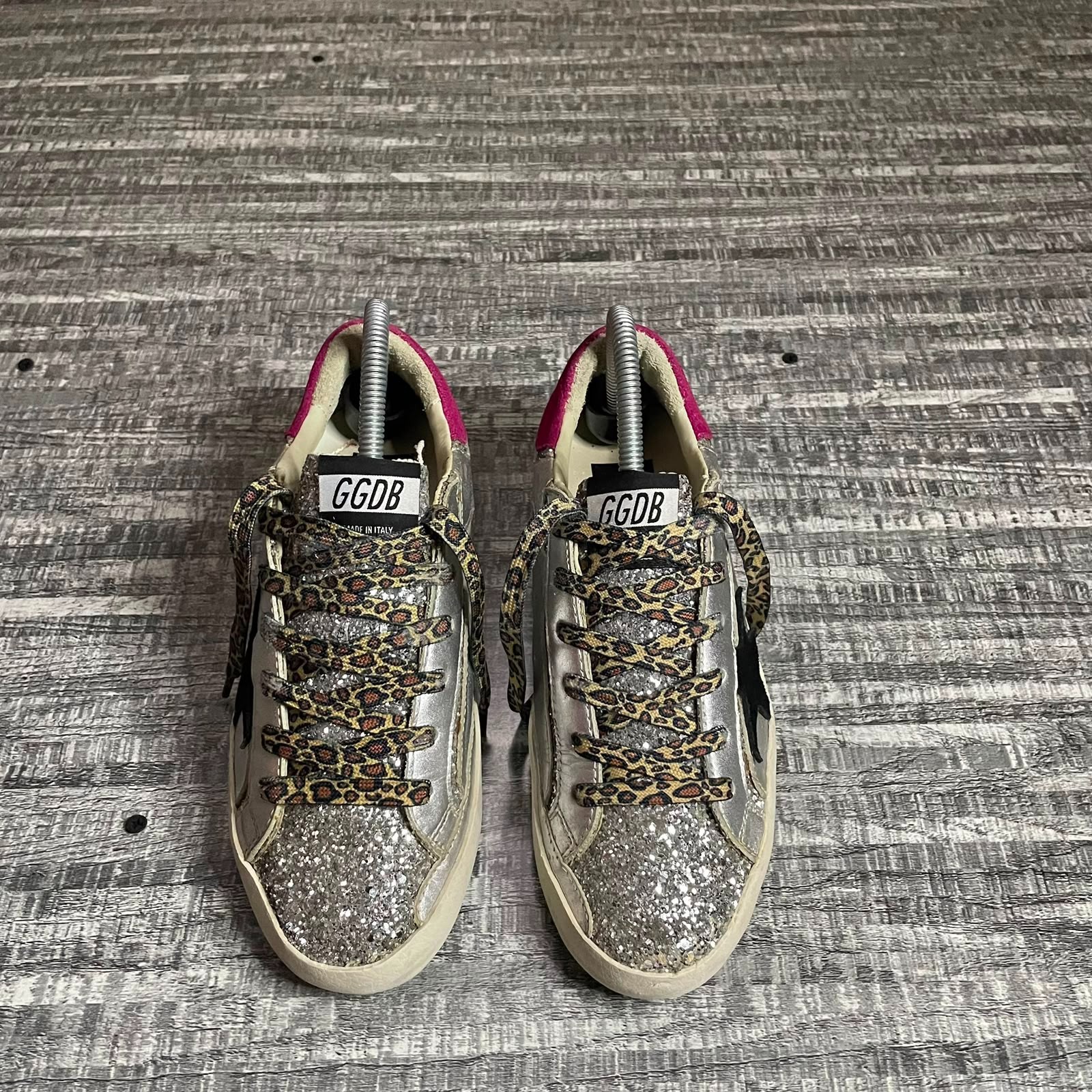 GOLDEN GOOSE SUPERSTAR SILVER GLITTER BLACK STAR PINK HEEL LEOPARD LACES EU 38