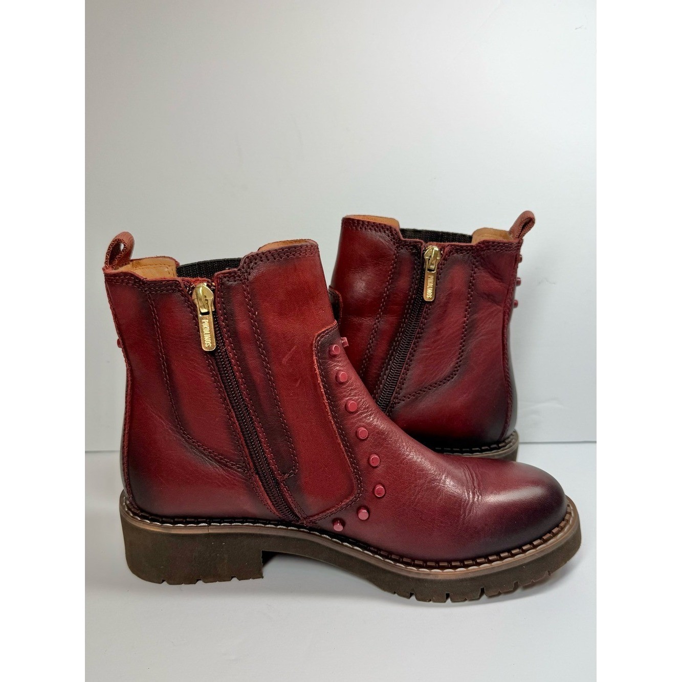 Pikolinos Women’s Burgundy Leather Chelsea Boots Stud Detail Size EU 36 US 5-6
