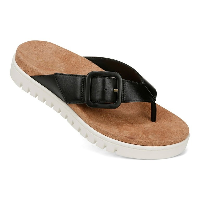 Vionic Women’s Uptown Marin Adjustable Flip-Flop Black Leather Size 10