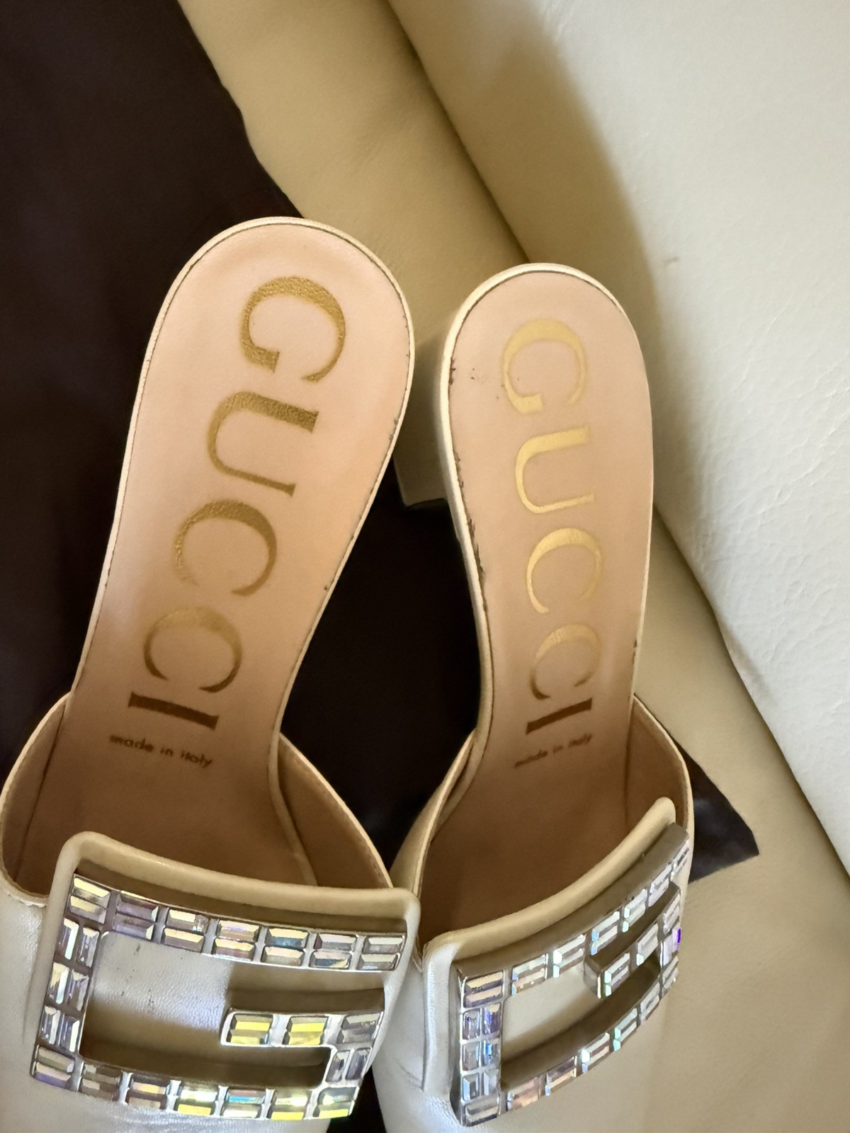Gucci Madelyn Crystal Square G Logo Ivory Leather Mules Slides Heels Size 37.5