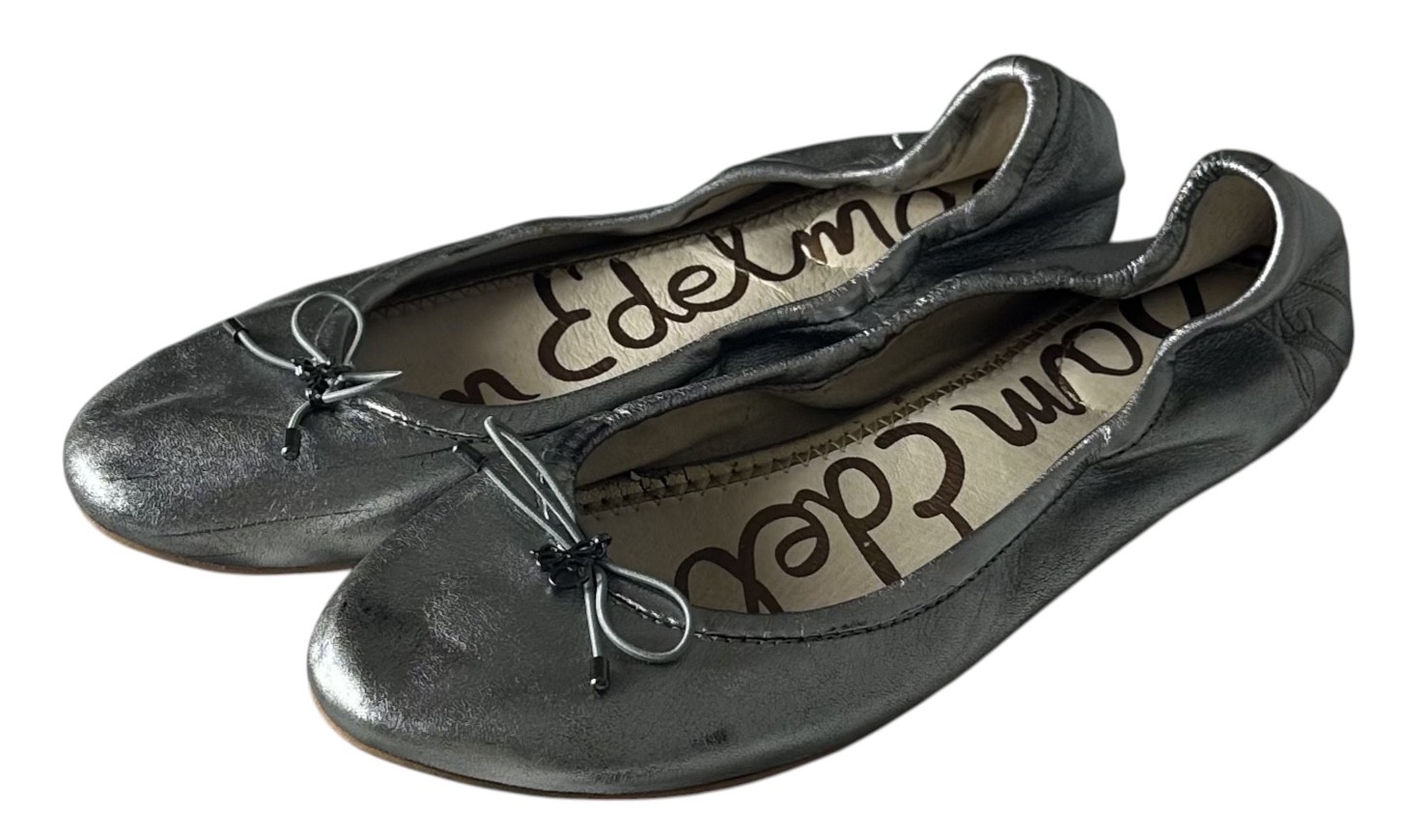 Sam Edelman Felicia Ballet Flats Shoes Sz 8.5 Silver Gray Leather Bow Old Money