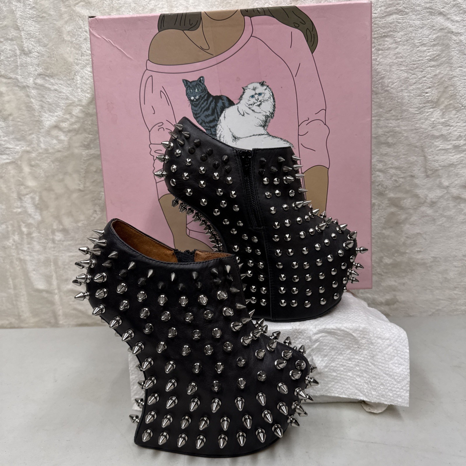 Jeffrey Campbell DustSpike Black Leather Wedge Platform Size 6M