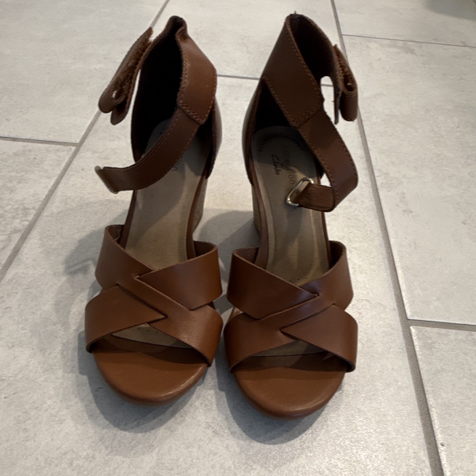 Clarks Women’s Brown Leather Wedge Sandals Adjustable Ankle Strap US 7 EU 37.5