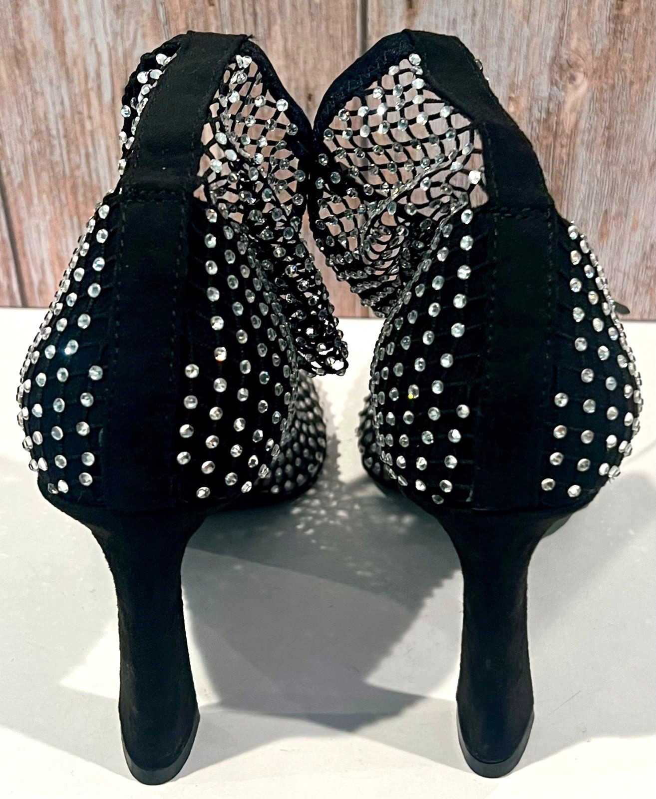 Steve Madden Saphina Sparkly Rhinestone Mesh Black Block Heel Ankle Boots Sz 9M