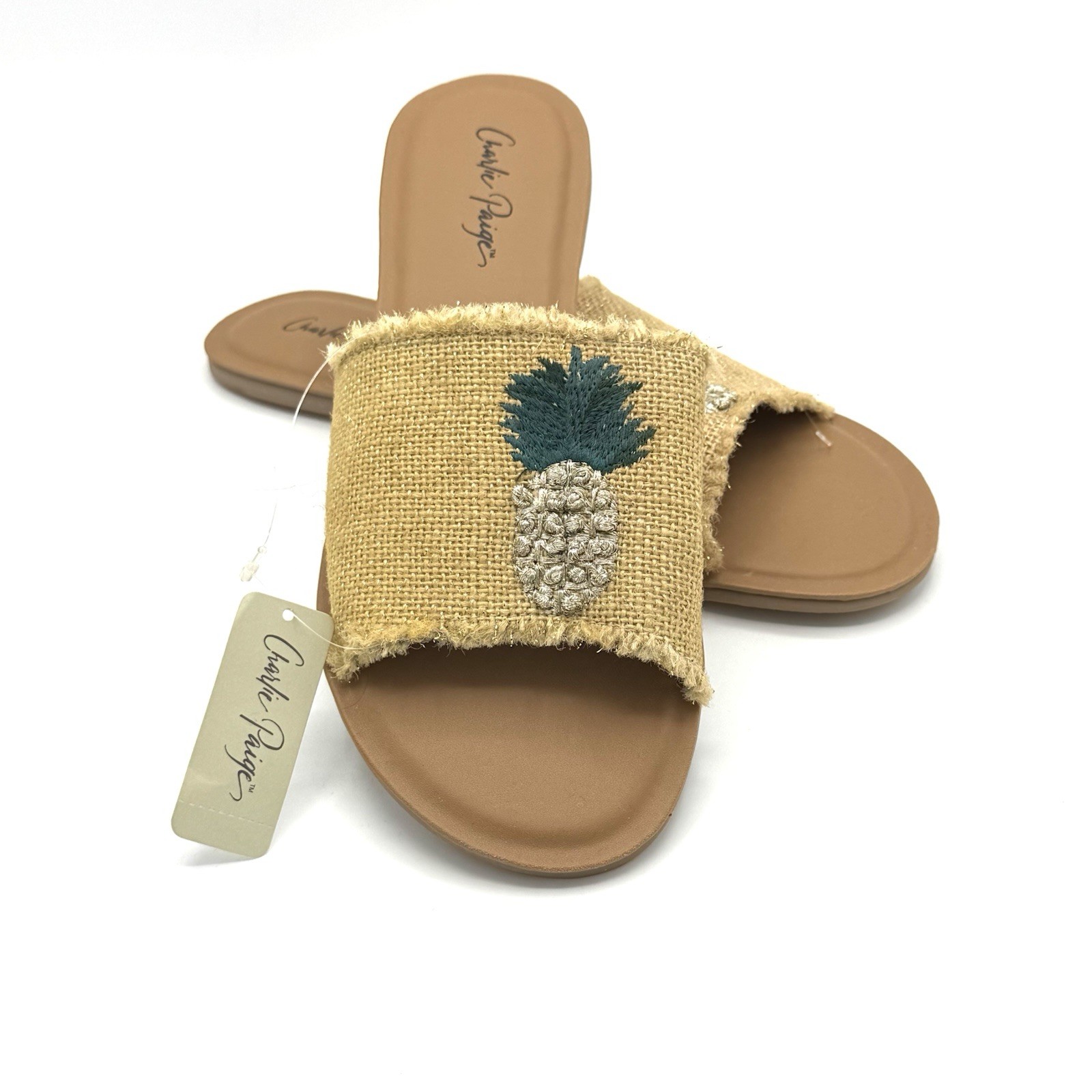 NEW Women’s Charlie Paige Sparkly Pineapple Sandals Slides Embroidered 10 NWT