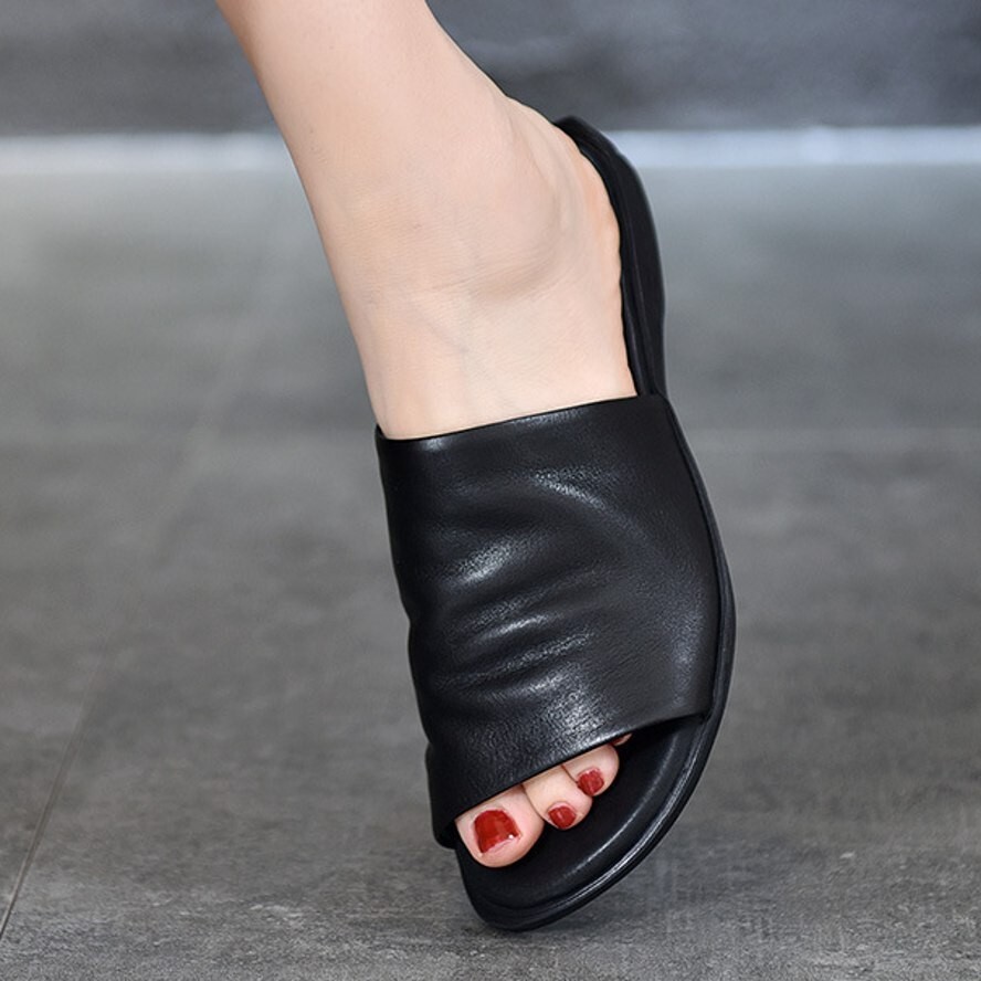 Women Lady Real Leather Open Toe Vintage Sandals Flat Gothic Punk Mules Slipper