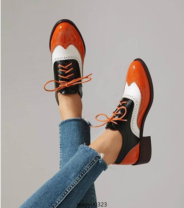 Retro Womens Brogue Pumps Shoes Lace Up Wing Tip Casual Fashion Flat Oversize