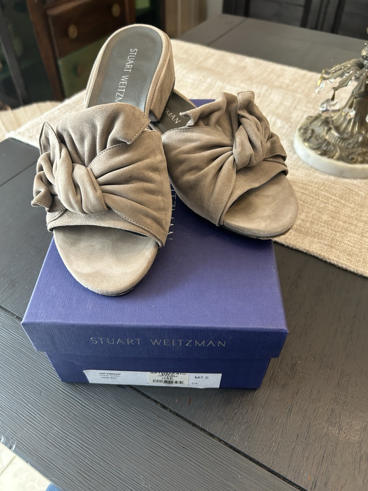 Stuart Weitzman Giftwrap Suede Bow Slides Fossil