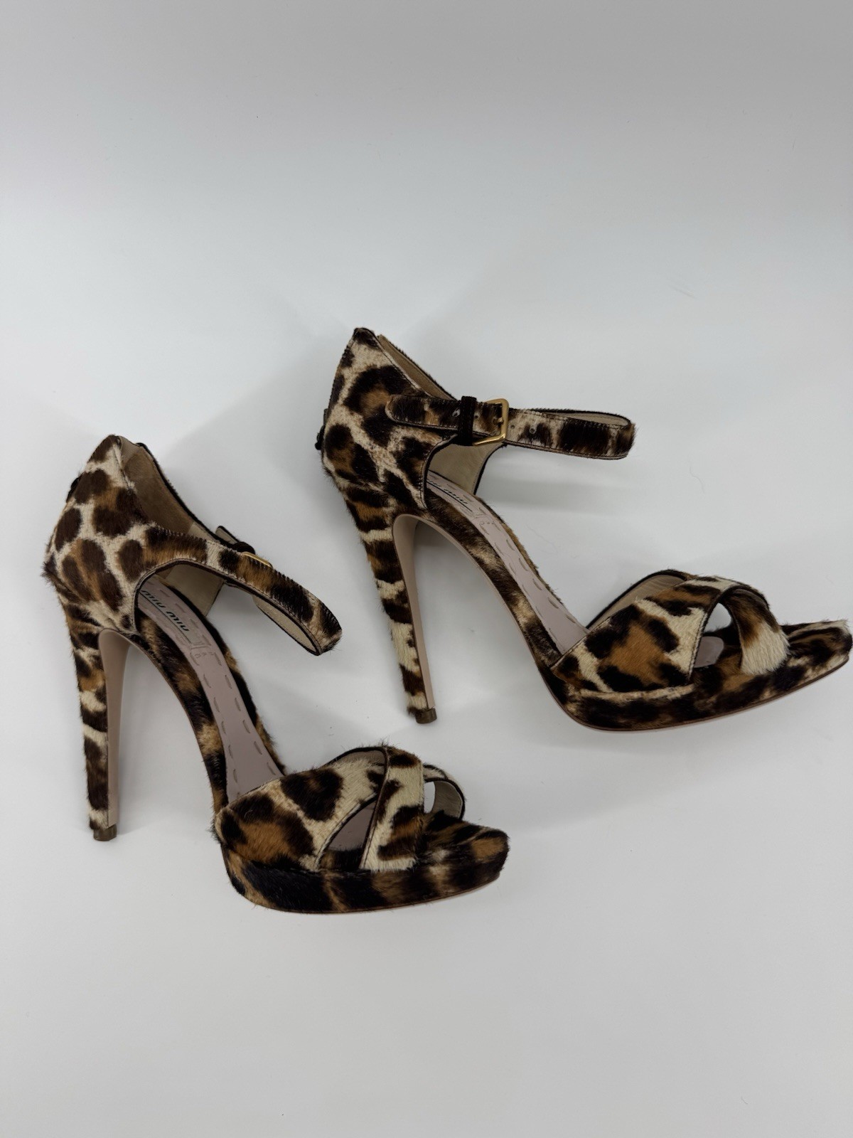 Miu Miu Leopard Print Calf Hair Crisscross Ankle Strap Heels Sz37.5 Authenticate