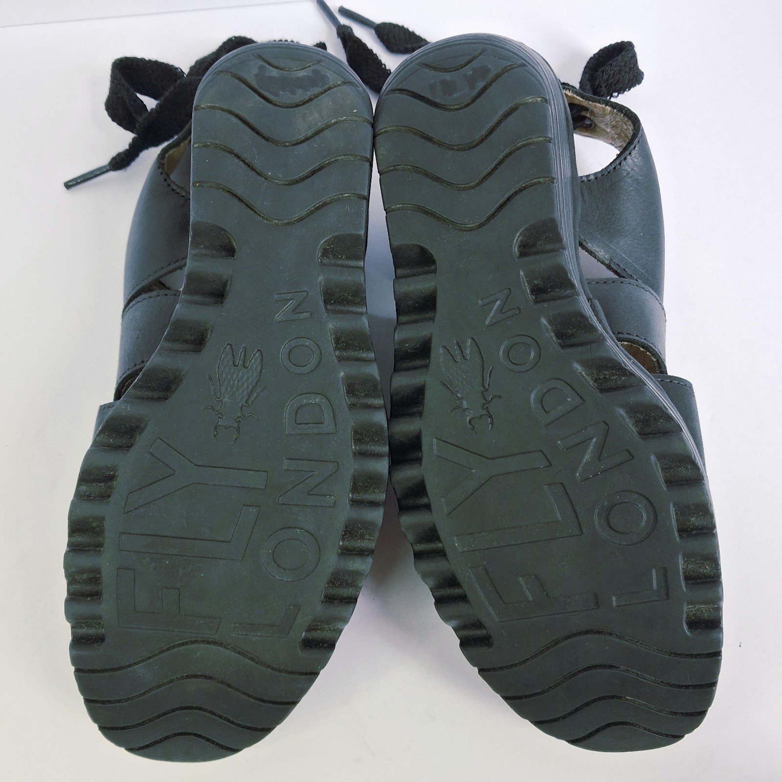 FLY London Yown Black Women’s Wedge Peep Toe Sandals Laced Backs Size 6-6.5