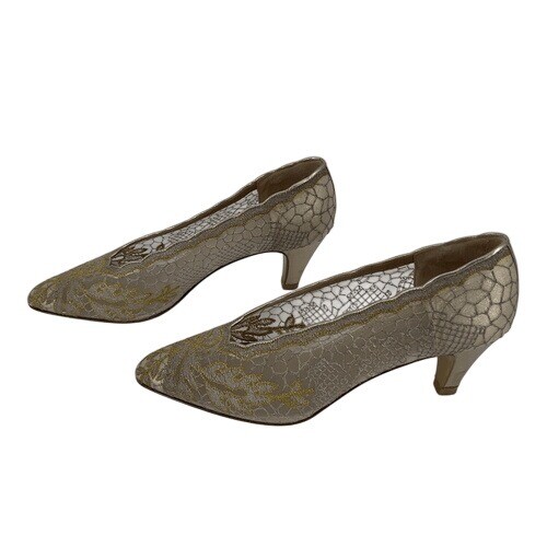Joel Parker Vintage Gold Lace Kitten Heel Pumps Leather Lined Size 8.5
