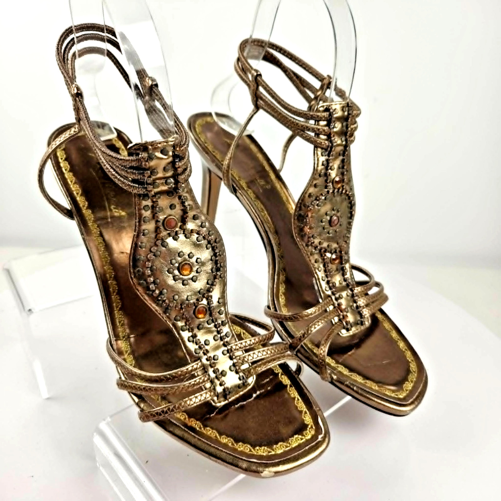 Anne Michelle Bronze Rhinestone Strappy Heels Womens 8.5 Y2K Sandals