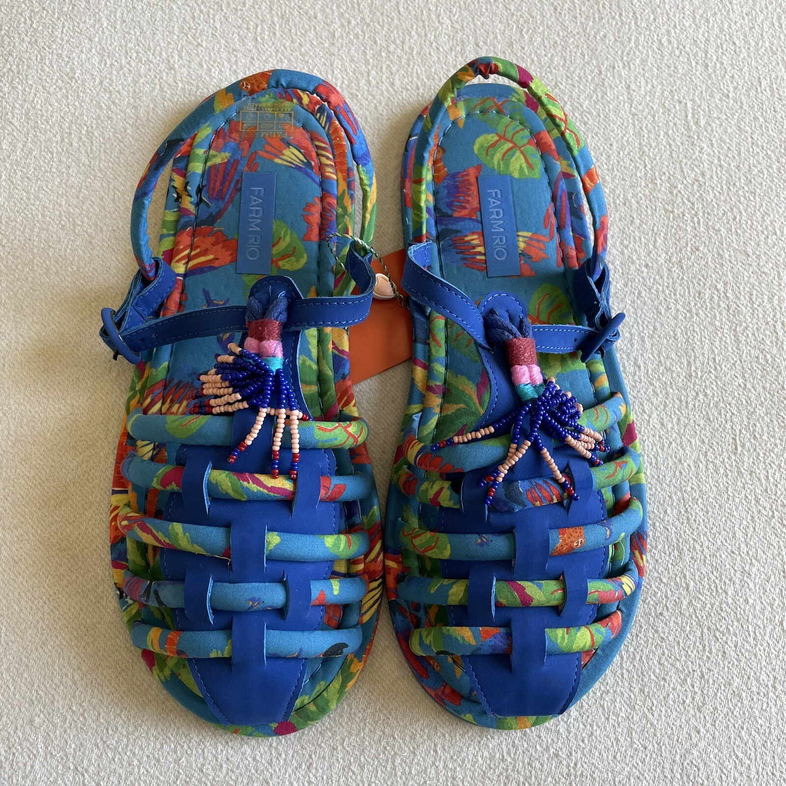 Farm Rio Women Size 11 Tropical Blue Macaw Beaded Tube Strap Sandals