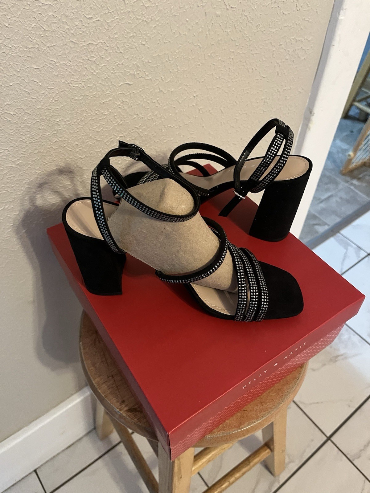 Kelly & Katie Black Microsuede Rhinestone Strappy Ankle Strap Block Heel 7.5M