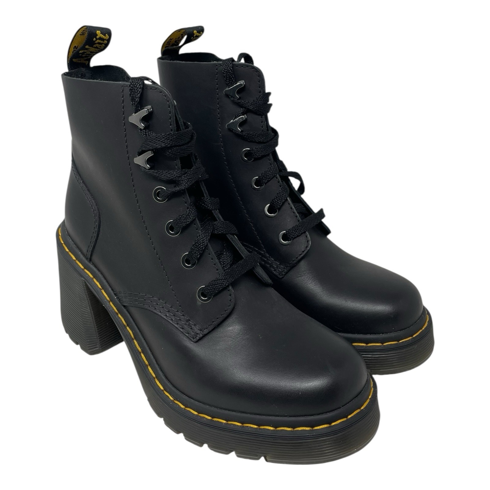 Dr Martens Doc’s Jesy Black Leather Lace-Up Block Heel Combat Boots US 9 L