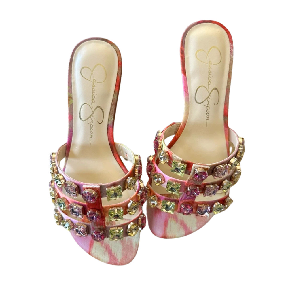 Jessica Simpson Women’s Detta Rhinestone Slip On Sandals Pink Red Combo 7.5 -NEW