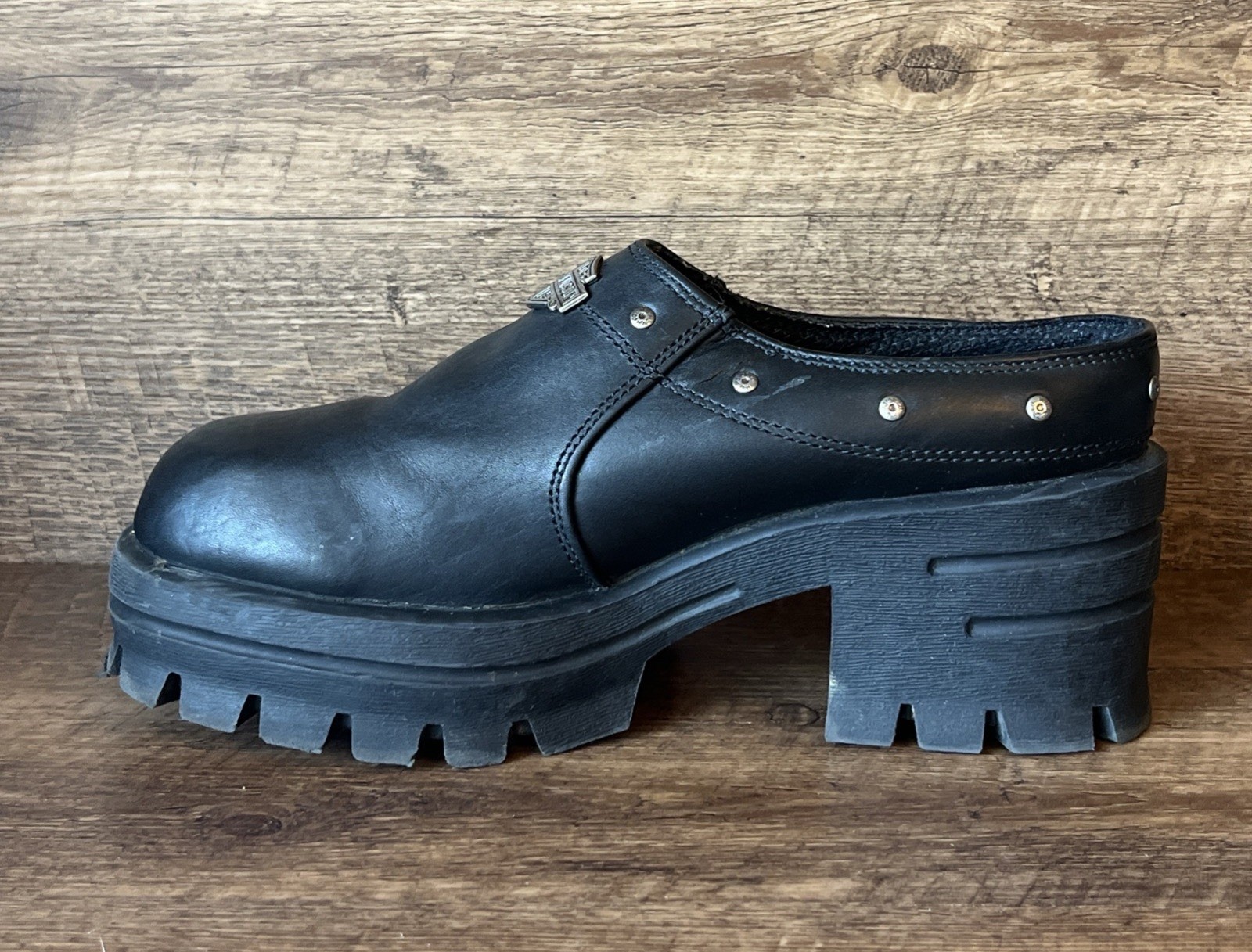 Harley-Davidson Clogs Chunky Black Leather Platform Biker Studs Womens 8 Y2K
