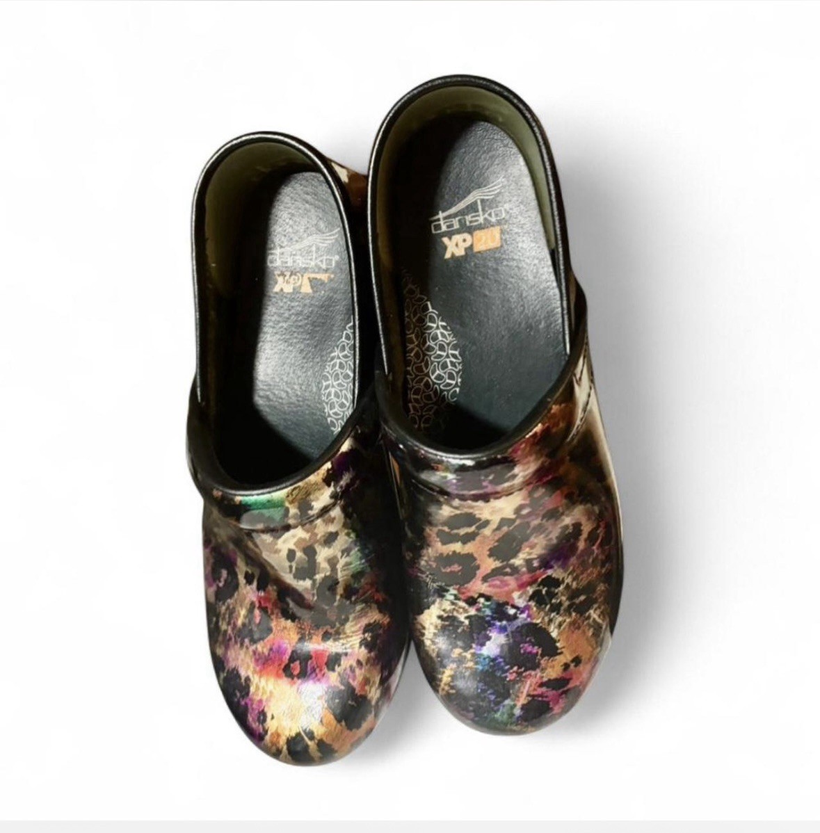 Dansko XP 2.0 Clogs Multicolor Leopard Patent Leather Casual Workwear Size 39
