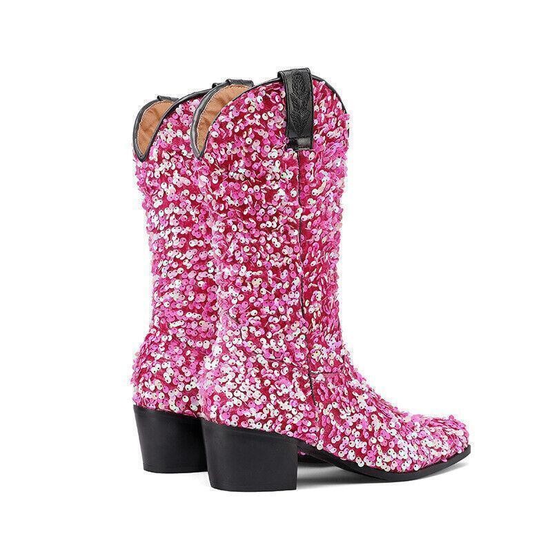 Fashion Women’s Gitter Sequins Pull On Mid Calf Boots Party Formal Casual Shoes