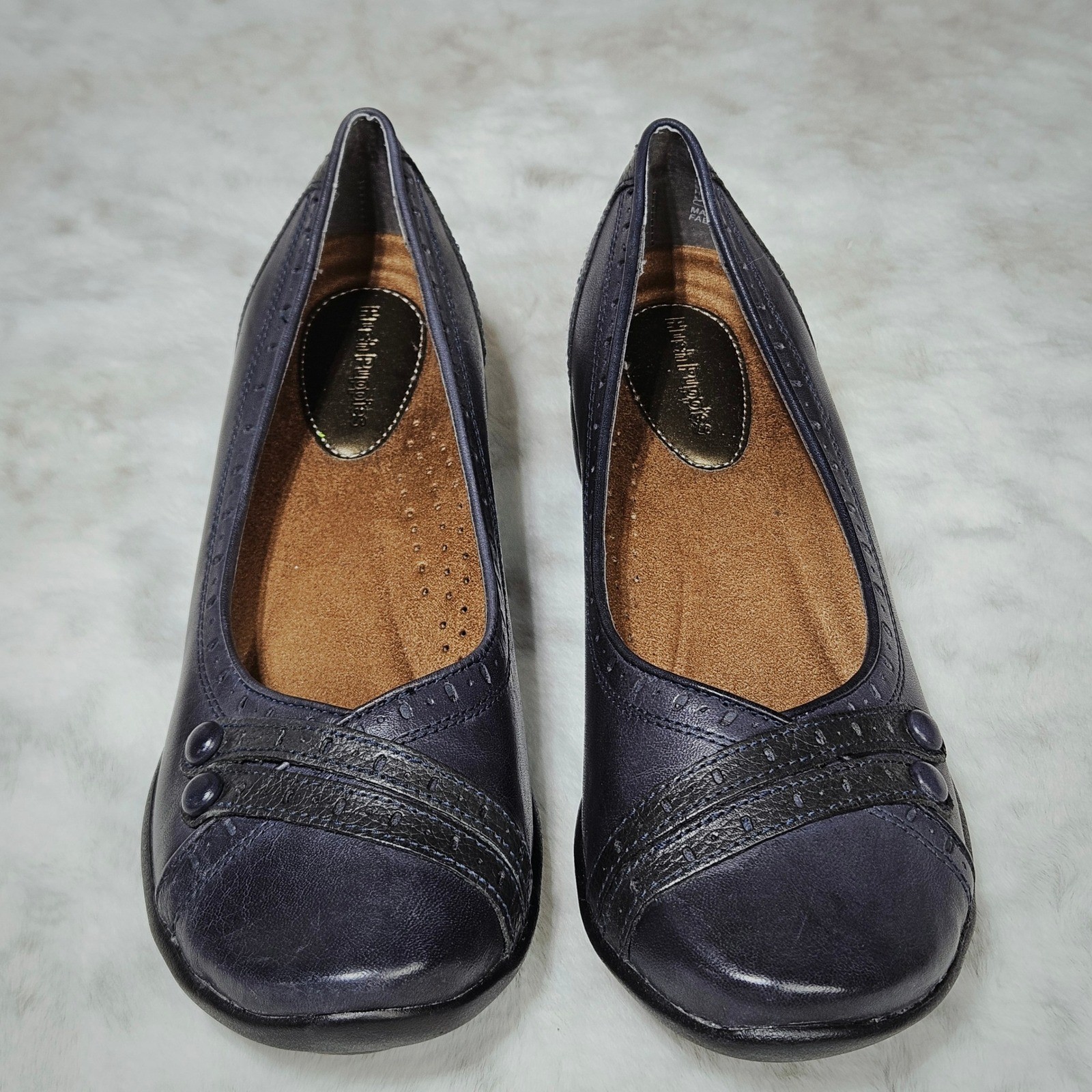 Hush Puppies Navy Blue Leather Brogue Button Slip On Comfort Flats 8 Preppy
