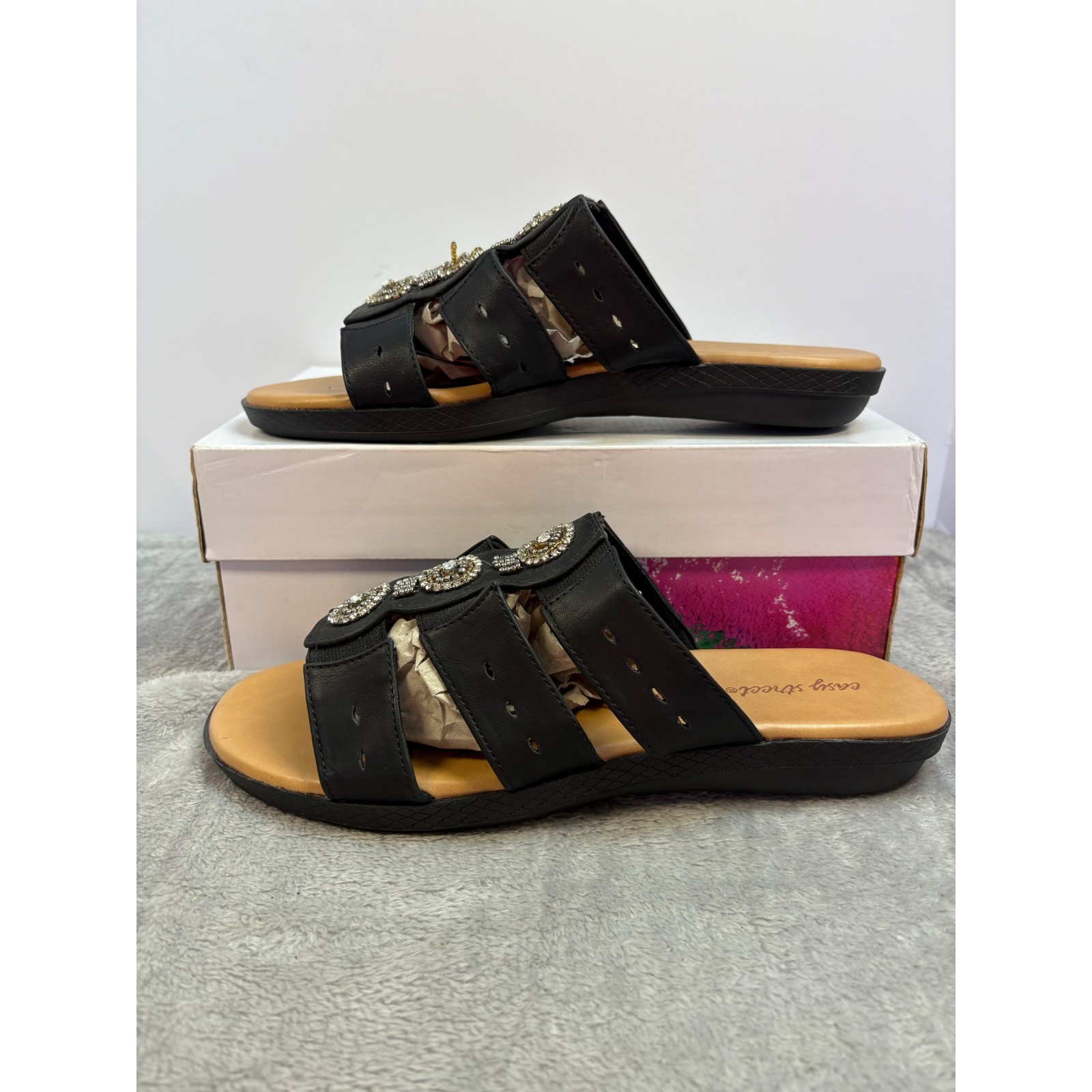 Easy Street Womens Black Beaded Rhinestone Slide Sandals Cushioned Sole 11 Wide