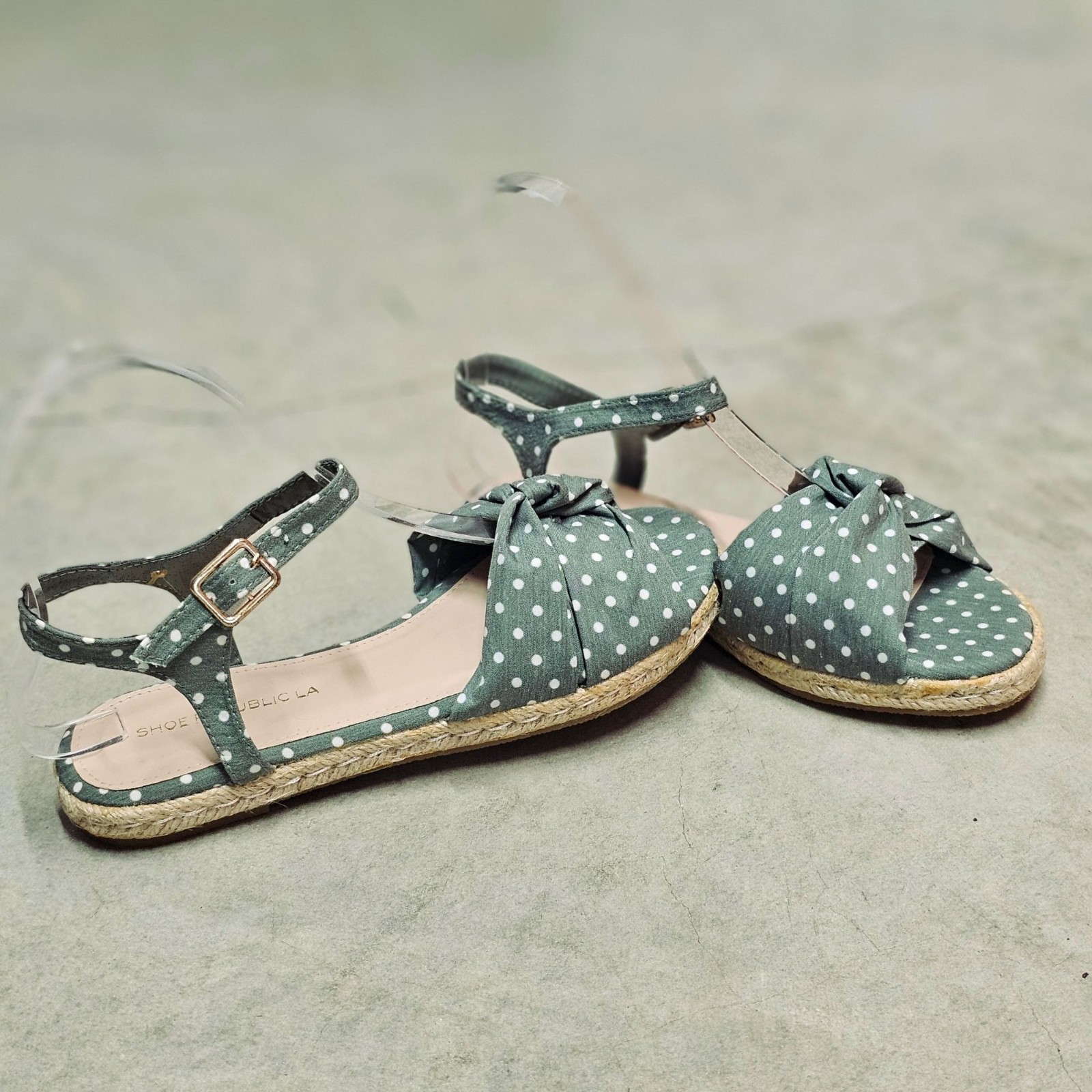 Polka Dot Espadrille Flat Sandals With Knot Detail & Adjustable Ankle Strap