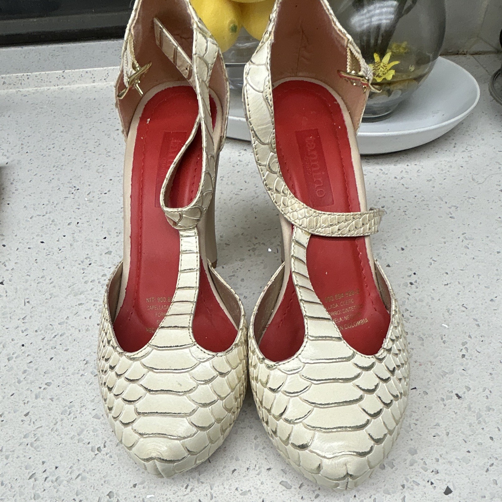 Fiamma Beige Leather Animal Print T-Strap Closed Toe Block Heel Womens 6