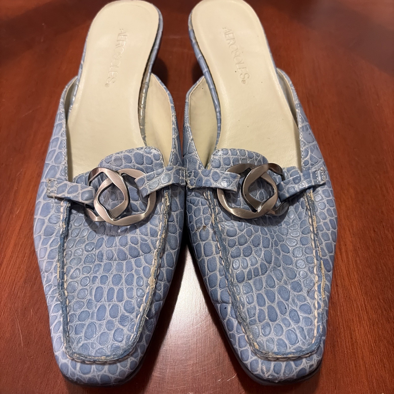 Aerosoles Sz 8.5 crocodile Blue leather backless loafer mule link bit buckle.