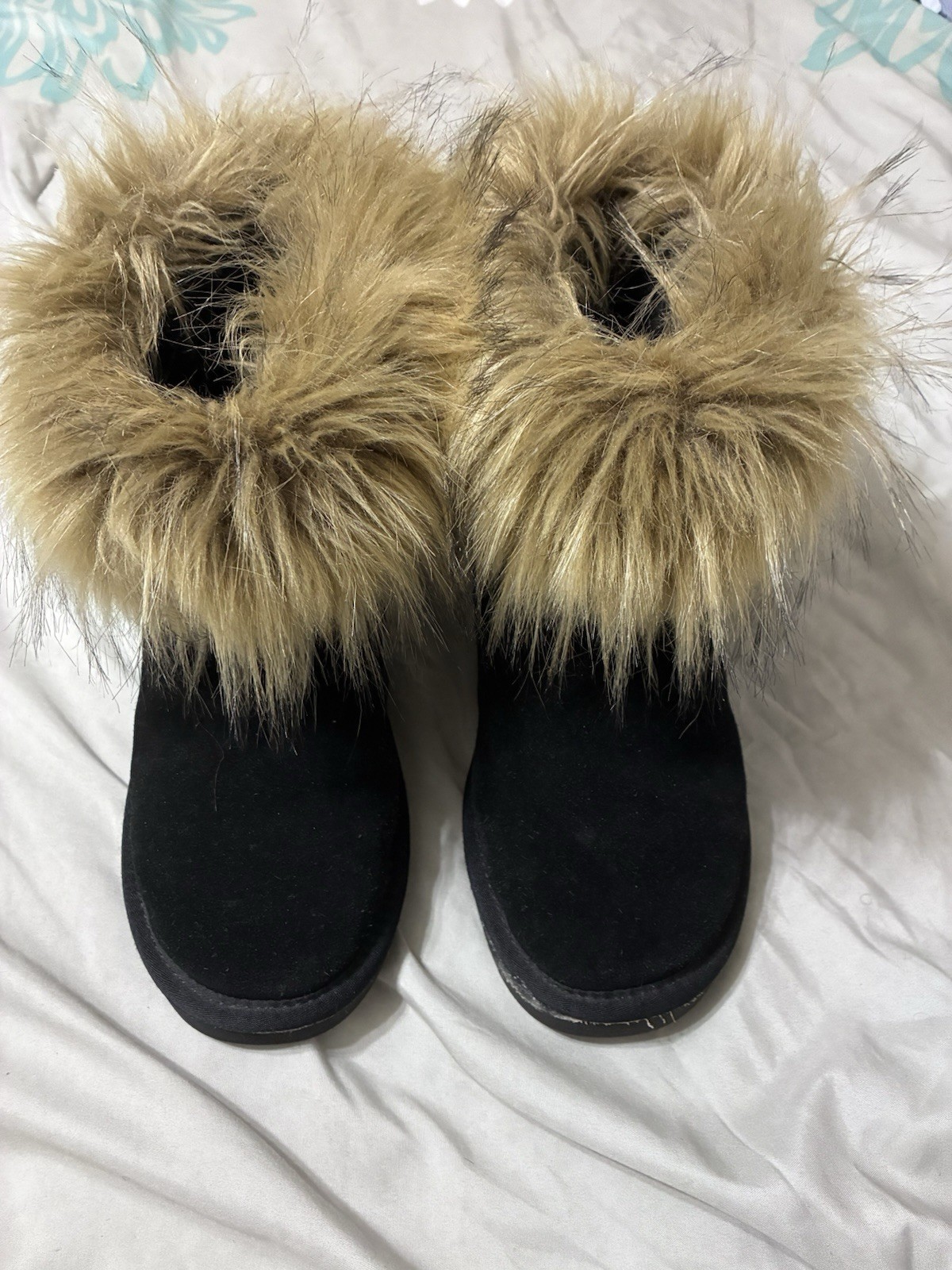 DREAM PAIRS Women’s Ankle Bootie Black/Beige Faux Fur Trim Round Toe Flat US 5