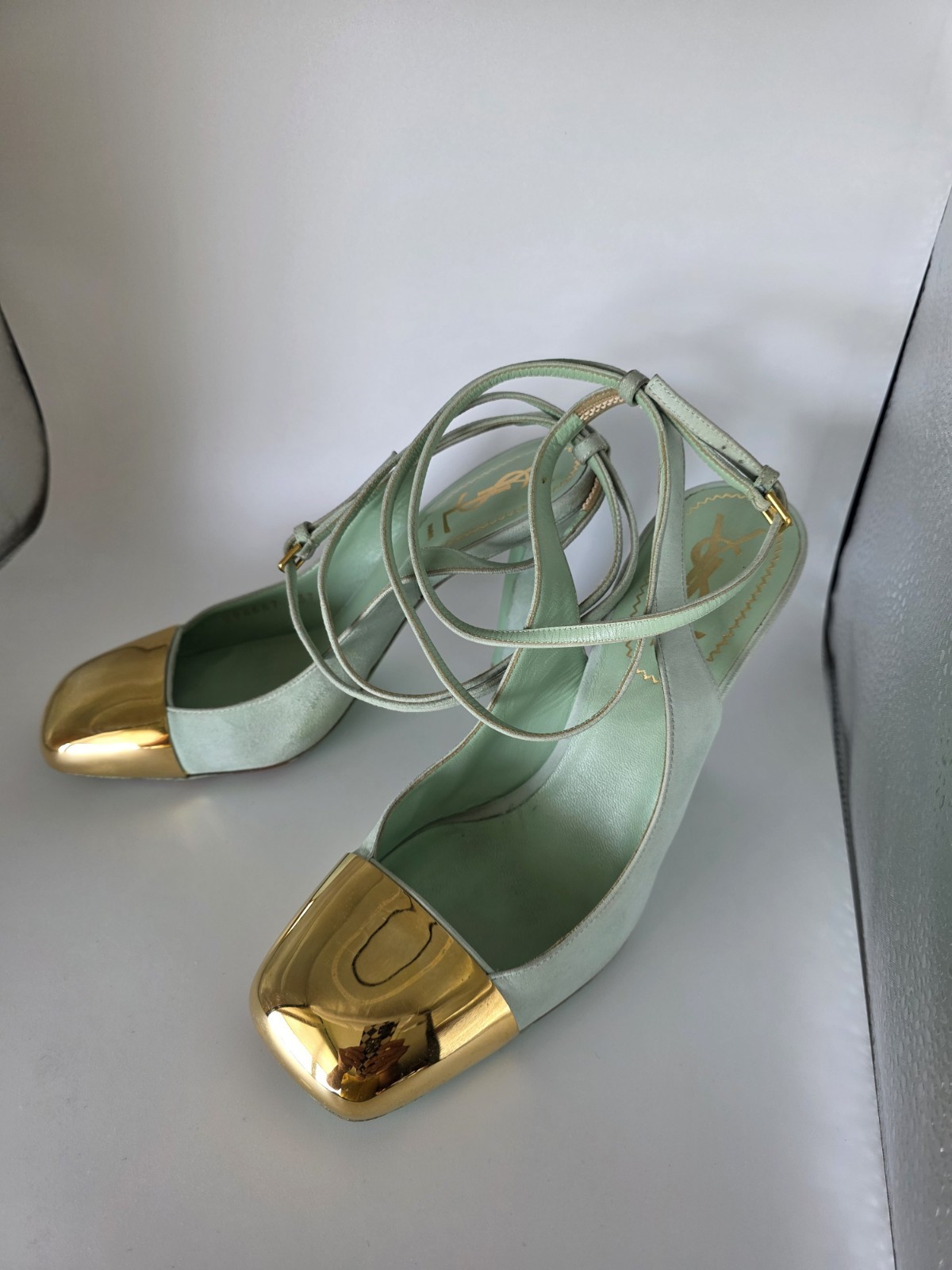 IVES SAINT LAURENT Light Turquoise Vegan Suede Strappy Metal Cap Toe Pumps Heels