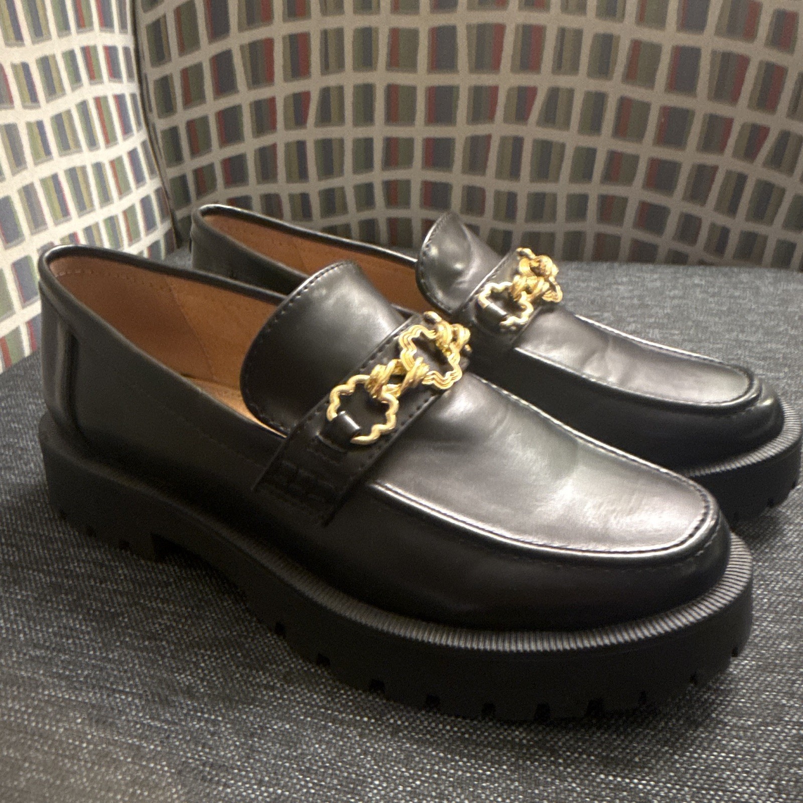 Sam & Libby Women’s Y2K Chunky Black/Gold Chain Loafer Faux Leather Slip-On 9