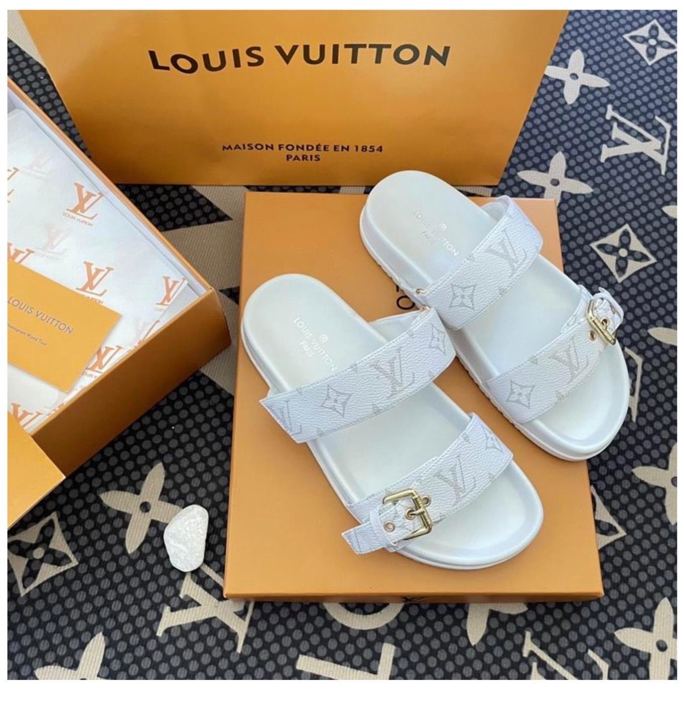 Louis Vuitton Women’s White Monogram Double Strap Buckle Slide Sandals