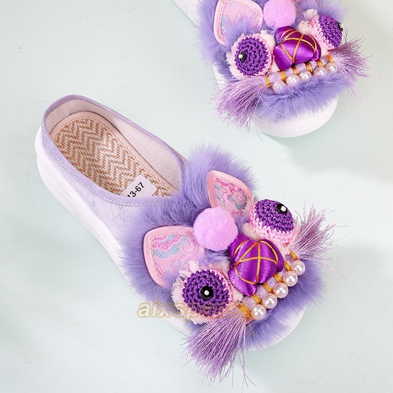 Chinese Handmade Embroidered Slippers Women Platform Mules Flats Cloth Shoes