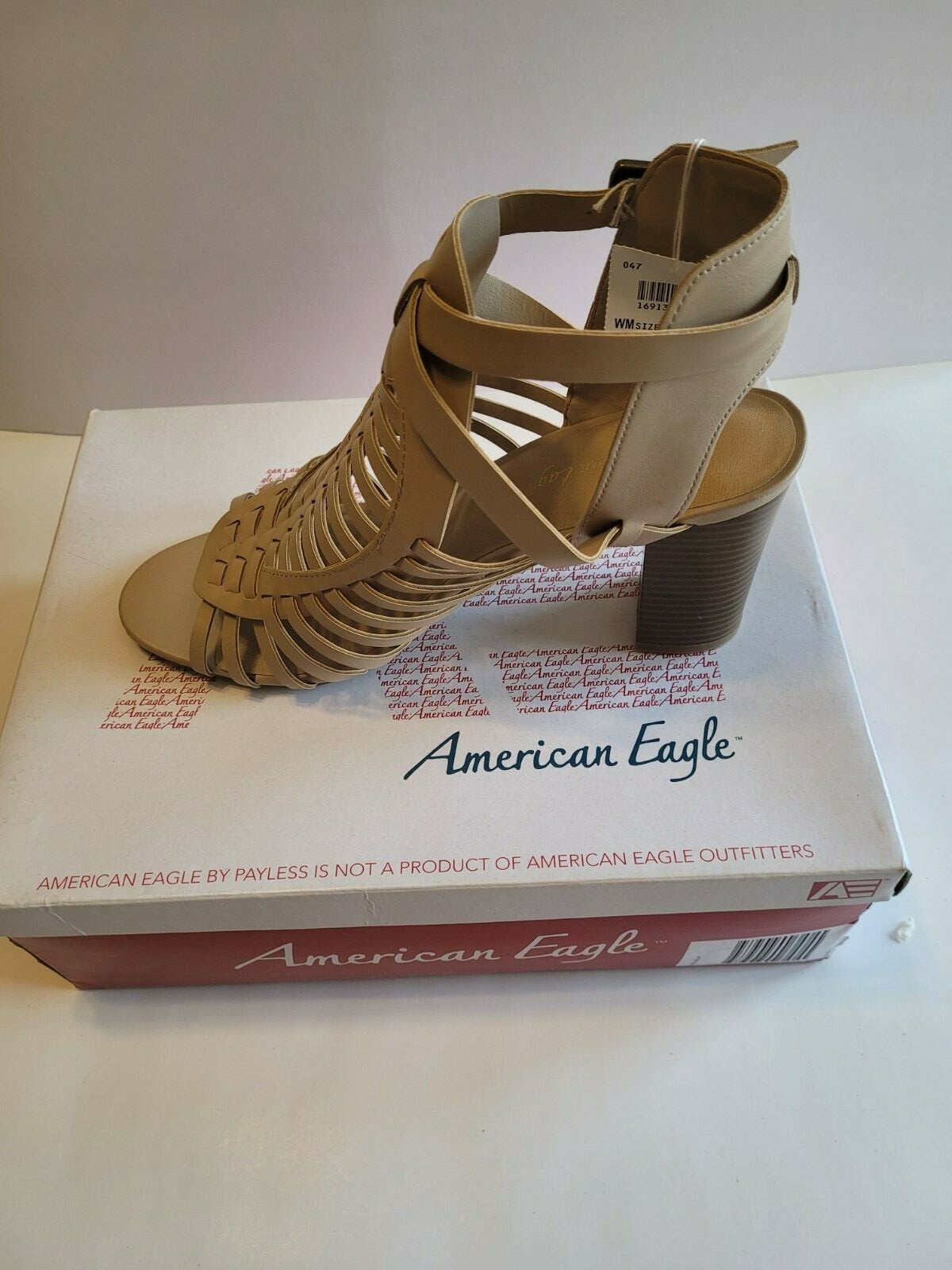 American Eagle Beige Cage Heeled Sandals With Buckle S11 Open Toes -3.25in heel