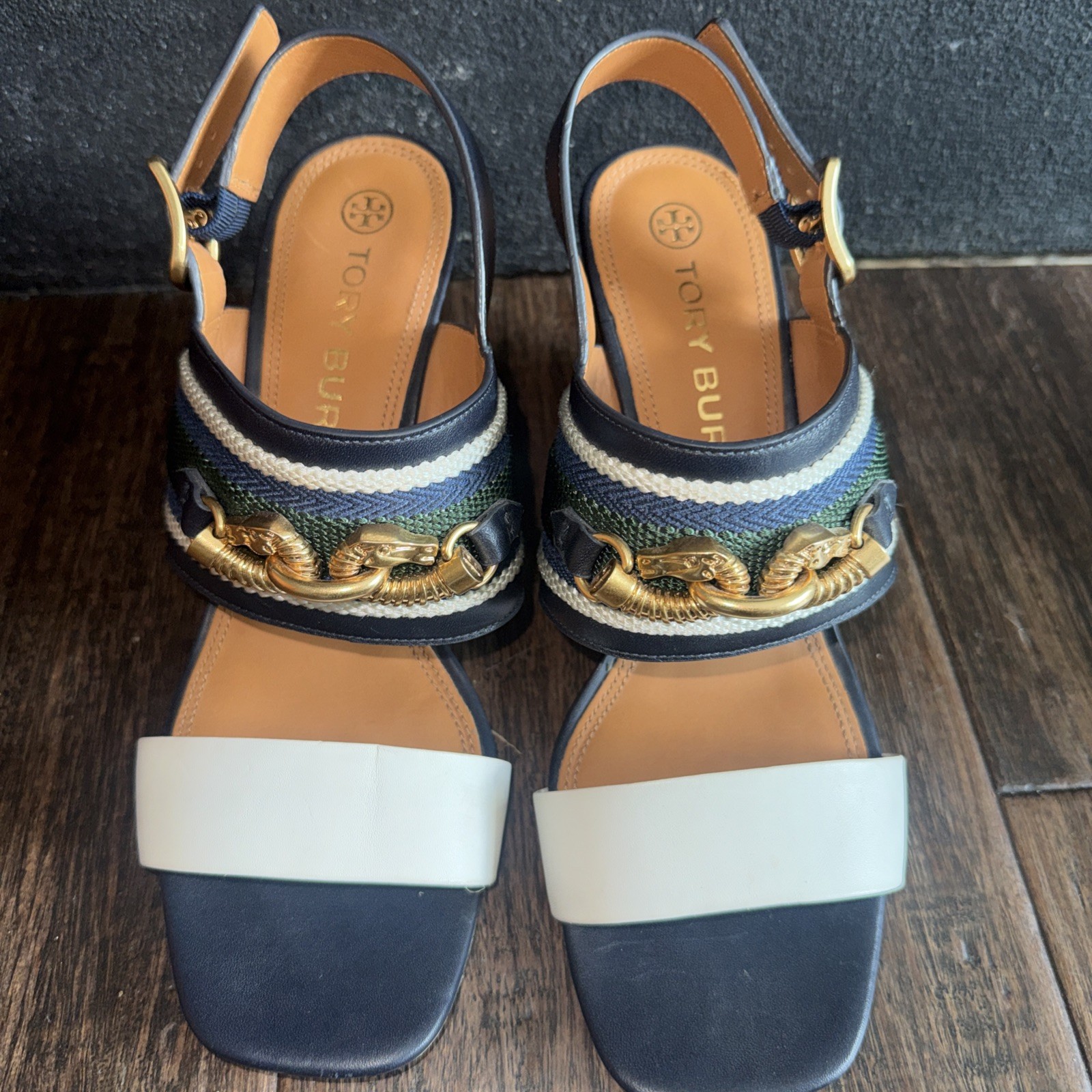 Tory Burch Jessa Slingback Block-Heel Sandals Size 10.5 Snake Gold Buckles