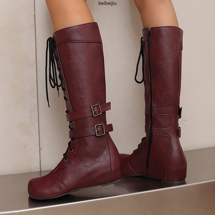 Women’s Mid Calf Hidden Wedge Heel Boots Lace Up Buckle Casual Shoes 48/49/50