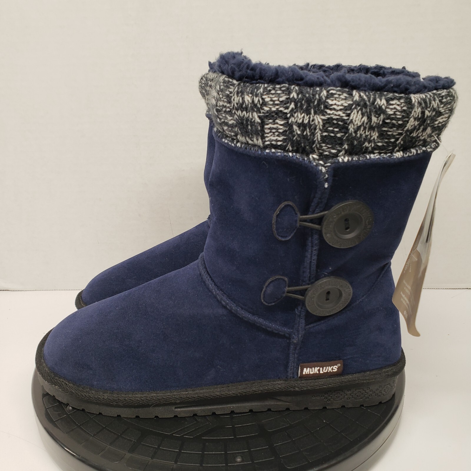 Navy Blue Muk Luks Short Winter Fall Fur Boots Knit Buttoned Women’s Size 10