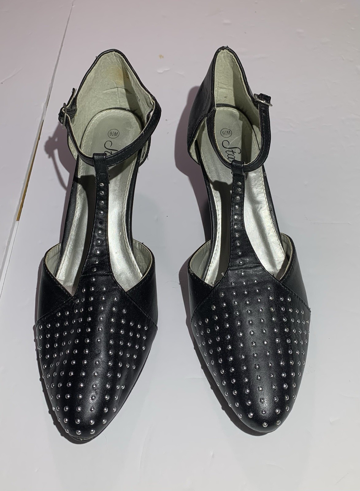 Womens Size 9.5 Black With Silver Studs 2.5 In Heels With Ankle Strap