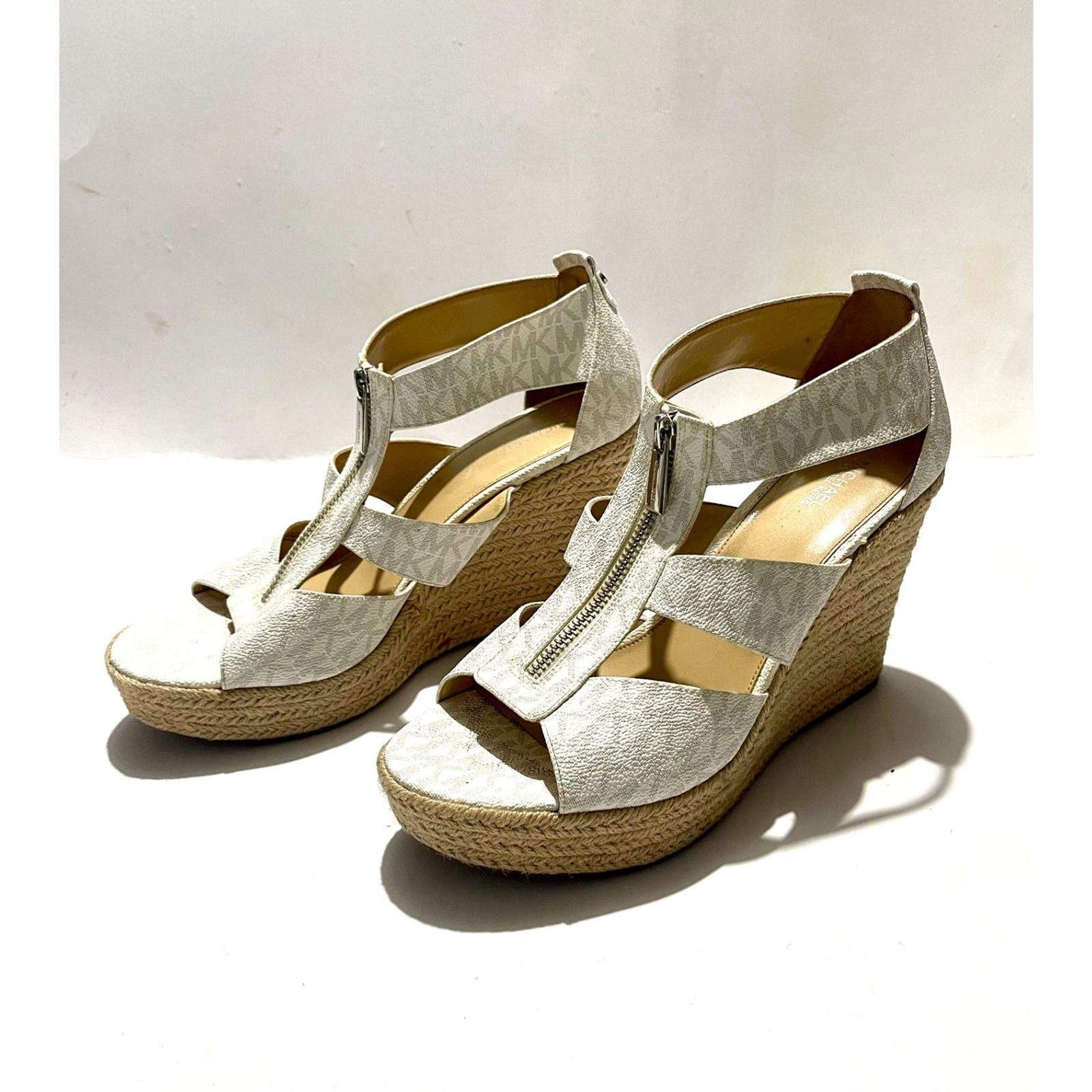 Michael Michael Kors espadrille wedges white gray logo zipper comfy women’s 10.5