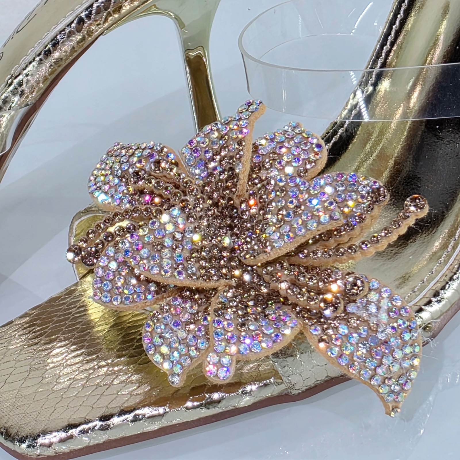 Lily Rhinestone Flower Gold Slip On 3.25″ Heel Casual Evening Party Shoes
