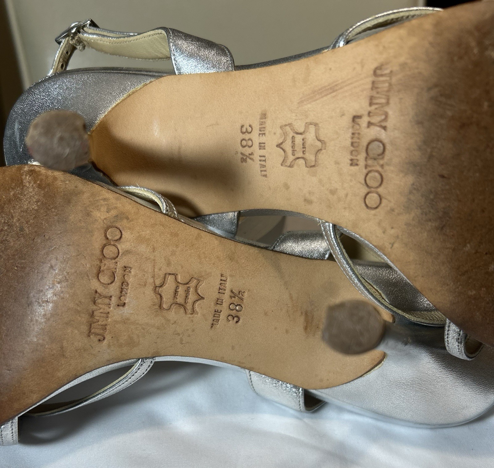Jimmy Choo Silver Leather Strappy Open Toe Buckle Stiletto Heel Women 8.5