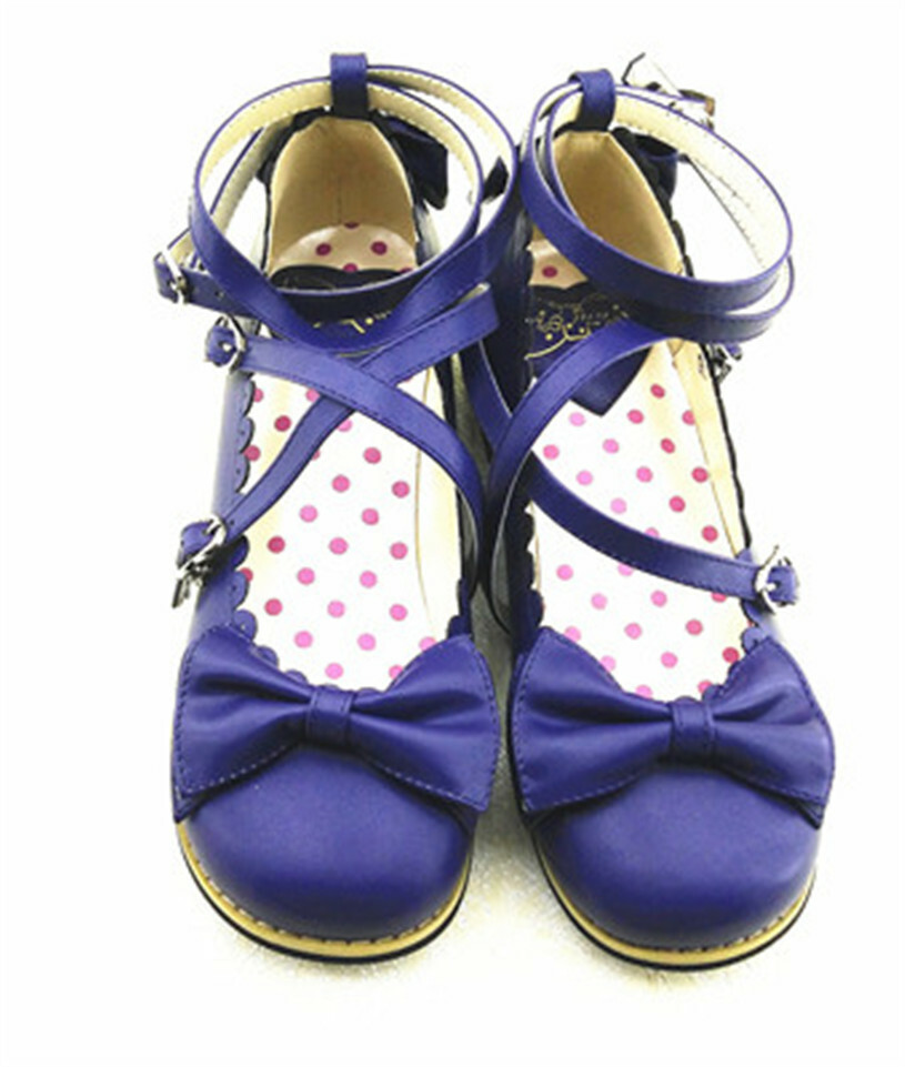Women Lolita Low-heeled Mary Jane High Heel Cross Straps Bow Knot Princess Shoes