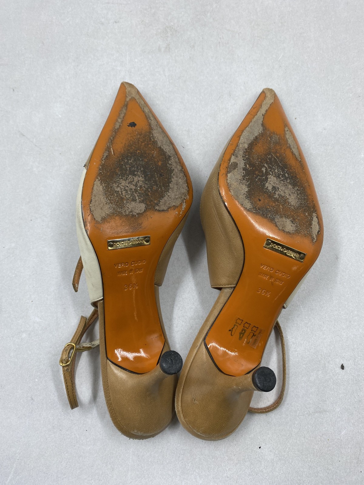 Dolce & Gabbana Tan Cream Leather Pointed Toe Slingback Heels Size 36.5 COA