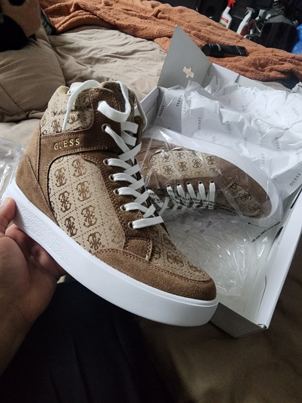 GUESS Blairin High Top Sneakers Beige Brown Logo Textile Leather Lace Zipper