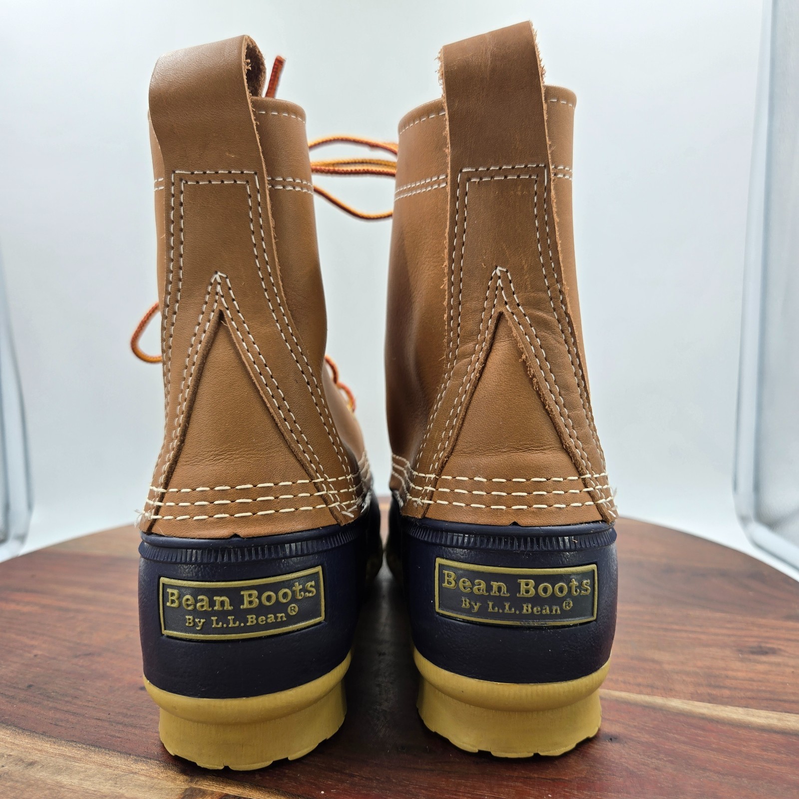 LL Bean Duck Boots Women’s 9M Tan Blue Leather Waterproof Rain Hunting USA Muck